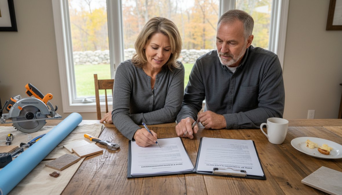 A homeowner and contractor sitting at a kitchen table together reviewing a printed contract and project estimate, both looking engaged and professional, warm indoor lighting, papers and a pen visible on the table