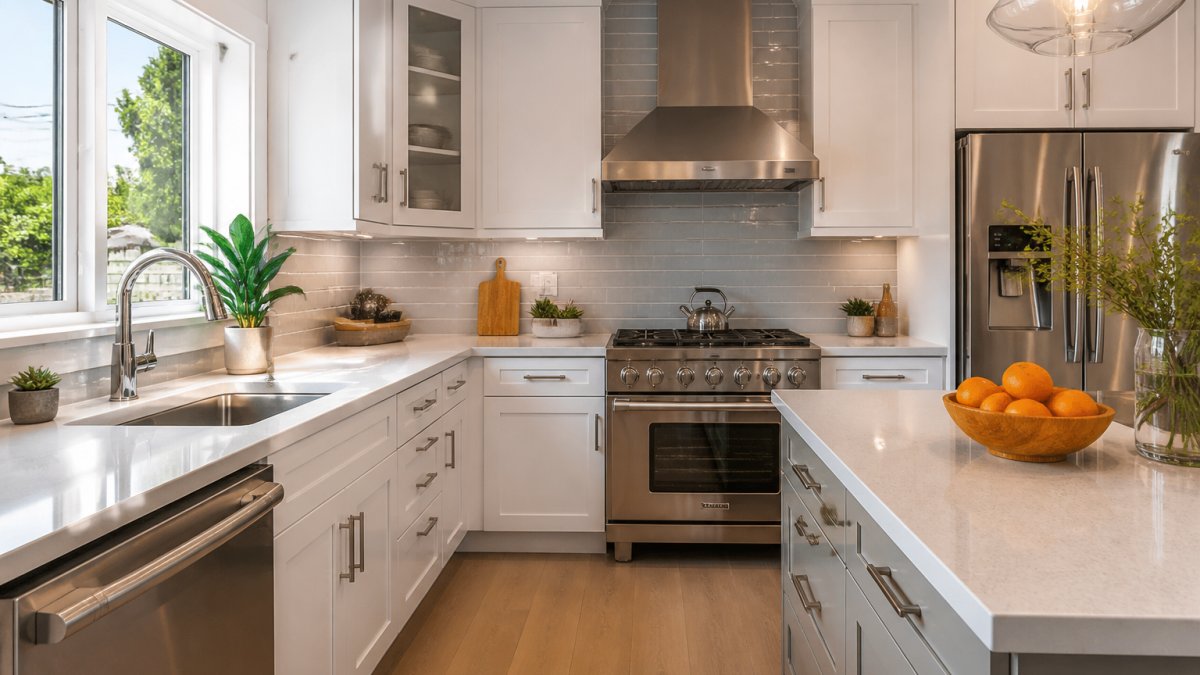 Modern kitchen with updated stainless steel appliances, white cabinetry with soft gray accents, and light quartz countertops in bright Los Angeles home with natural window lighting