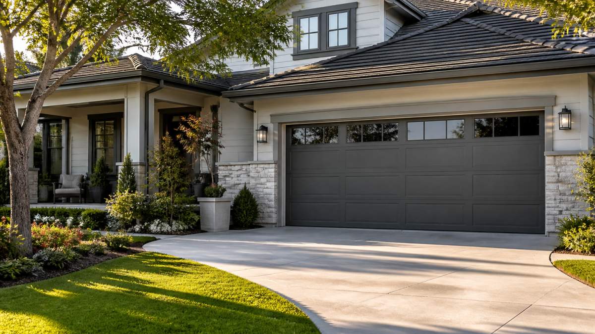 A newly installed modern garage door on a well-maintained suburban home, with fresh landscaping and a clean driveway in warm afternoon light
