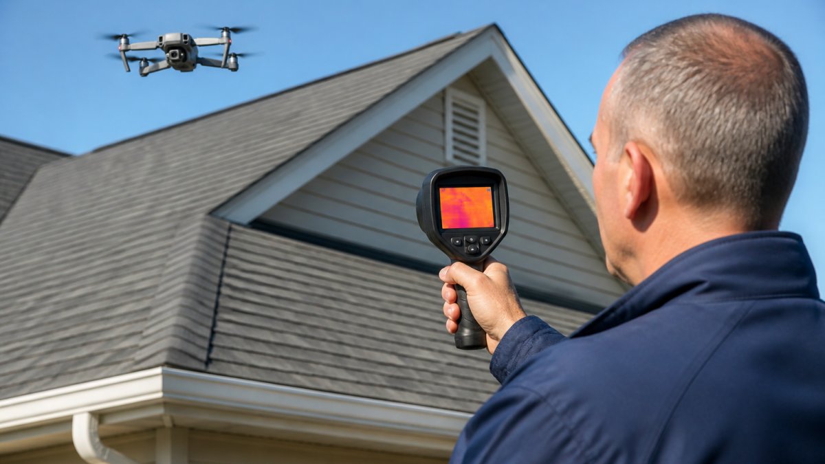 Home inspector using a thermal camera to examine a roof for the best home inspectors for investment properties.