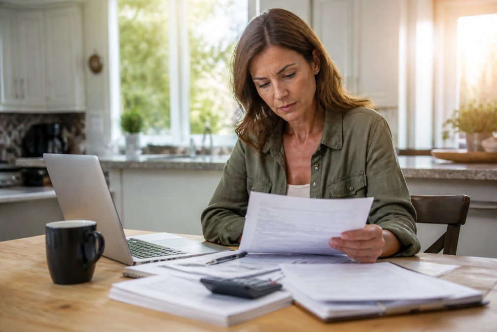 Homeowner sitting at kitchen table with laptop and insurance documents, reviewing bundled policy details with focused expression in bright morning light