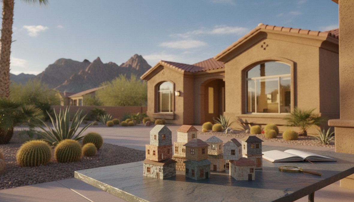 A friendly insurance agent sitting across a desk from a Nevada homeowner couple, reviewing policy documents together in a modern Las Vegas office with warm natural light streaming through large windows