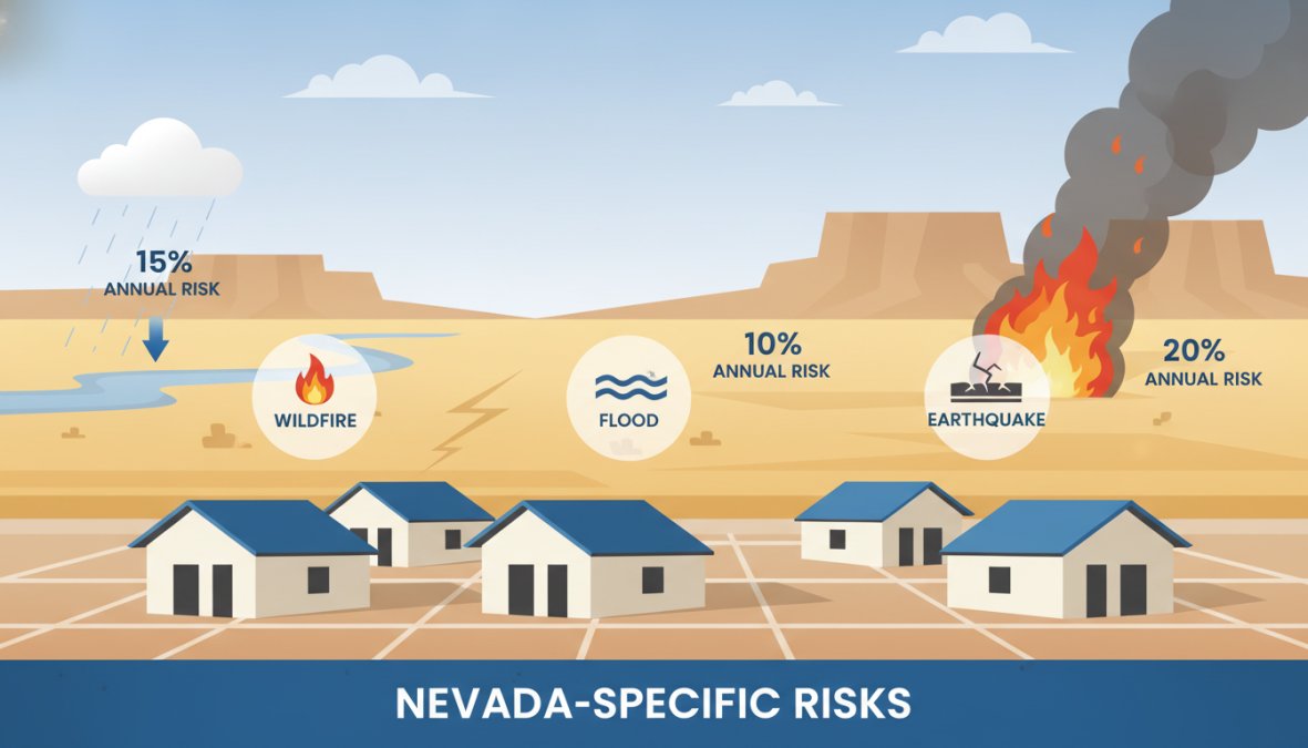 A Nevada residential neighborhood with dry desert scrubland in the foreground and distant hills showing a haze of smoke from a wildfire on the horizon, conveying real environmental risk to homeowners in the Silver State