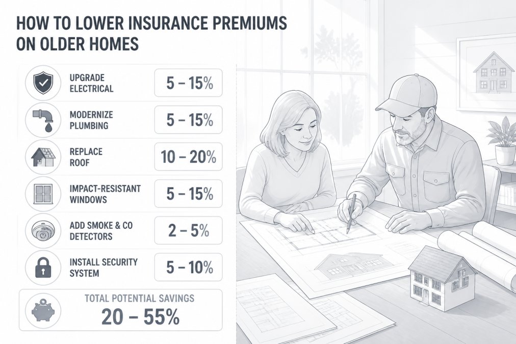 Homeowner and professional contractor reviewing renovation blueprints and discussing home upgrades at a wooden table with natural light streaming through windows, architectural drawings and building plans spread out