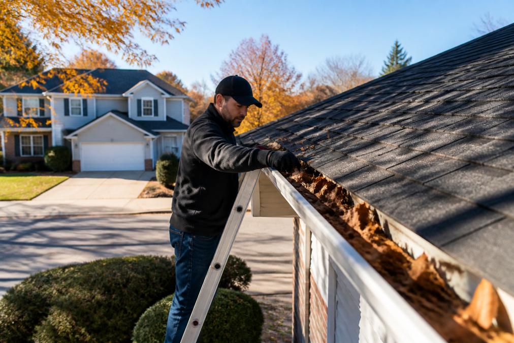 Homeowner on a ladder cleaning gutters in fall with leaves visible and a suburban house in the background on a clear day