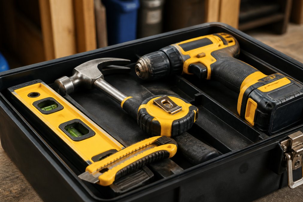 Close-up of an organized toolbox on a workbench showing a hammer, tape measure, cordless drill, level, and utility knife arranged neatly in natural workshop lighting