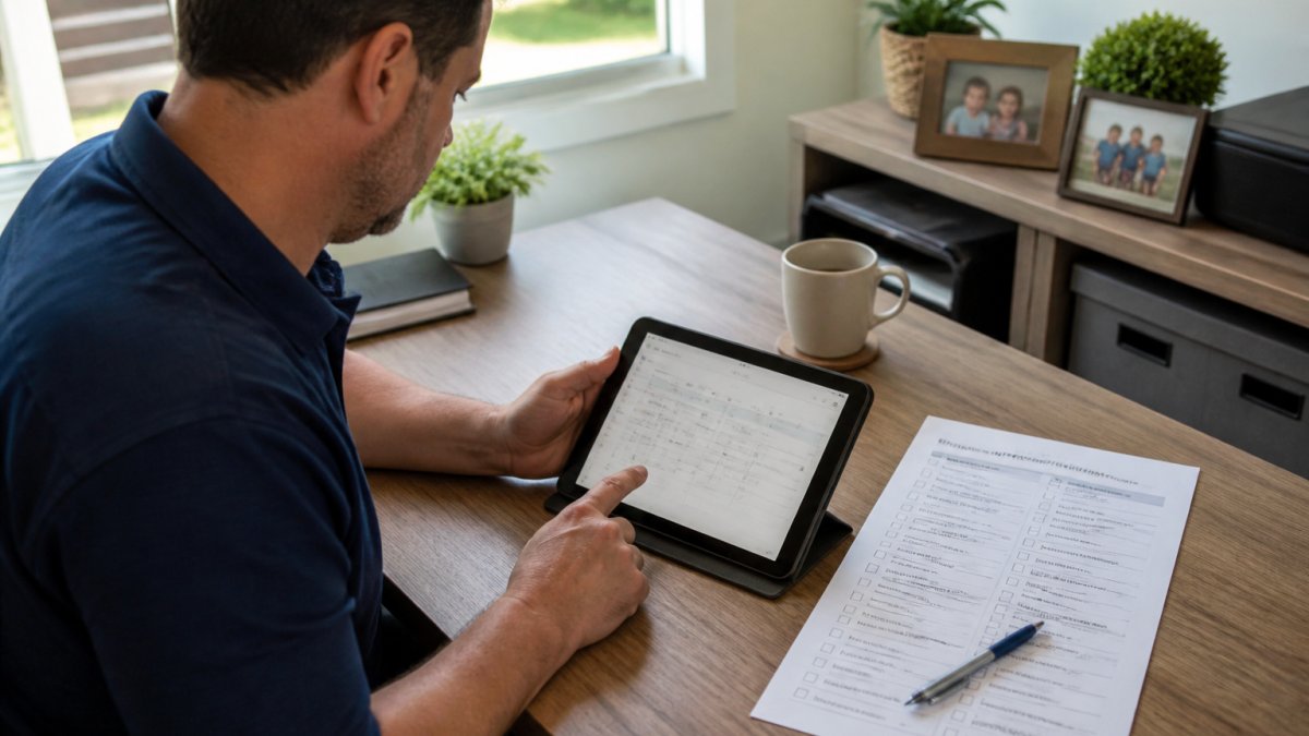 Homeowner reviewing a digital home maintenance services schedule on a tablet with a printed checklist nearby