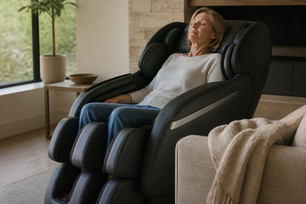 Person in their 50s relaxing with eyes closed in a modern massage chair in a bright living room.