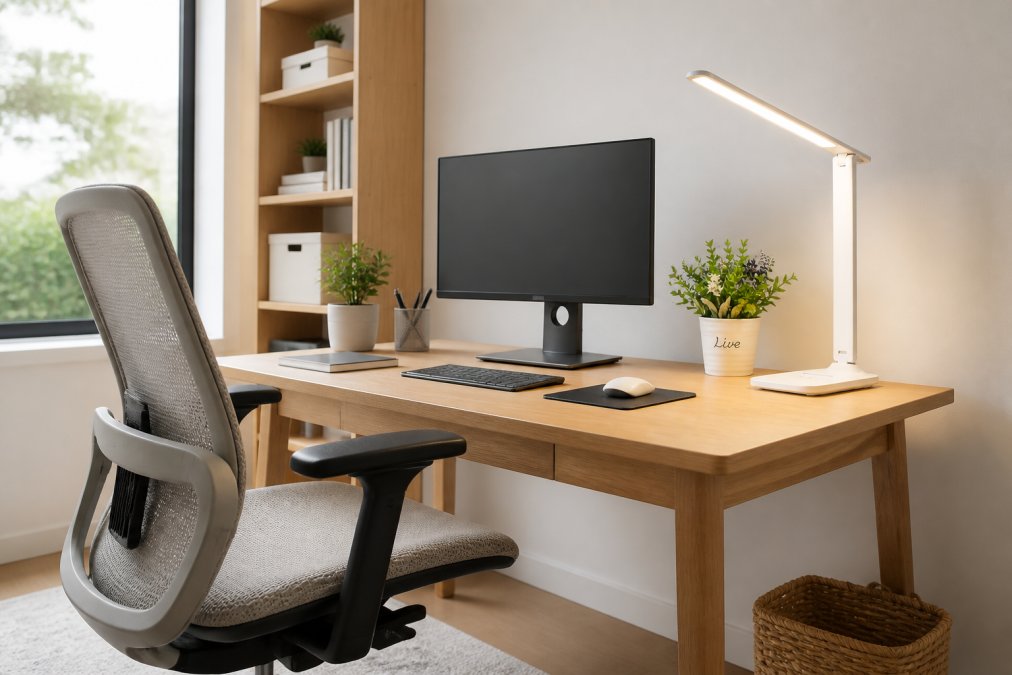 A clean, well-organized home office with a wooden desk, ergonomic chair, monitor, and shelving unit against a bright white wall with natural light streaming through a large window