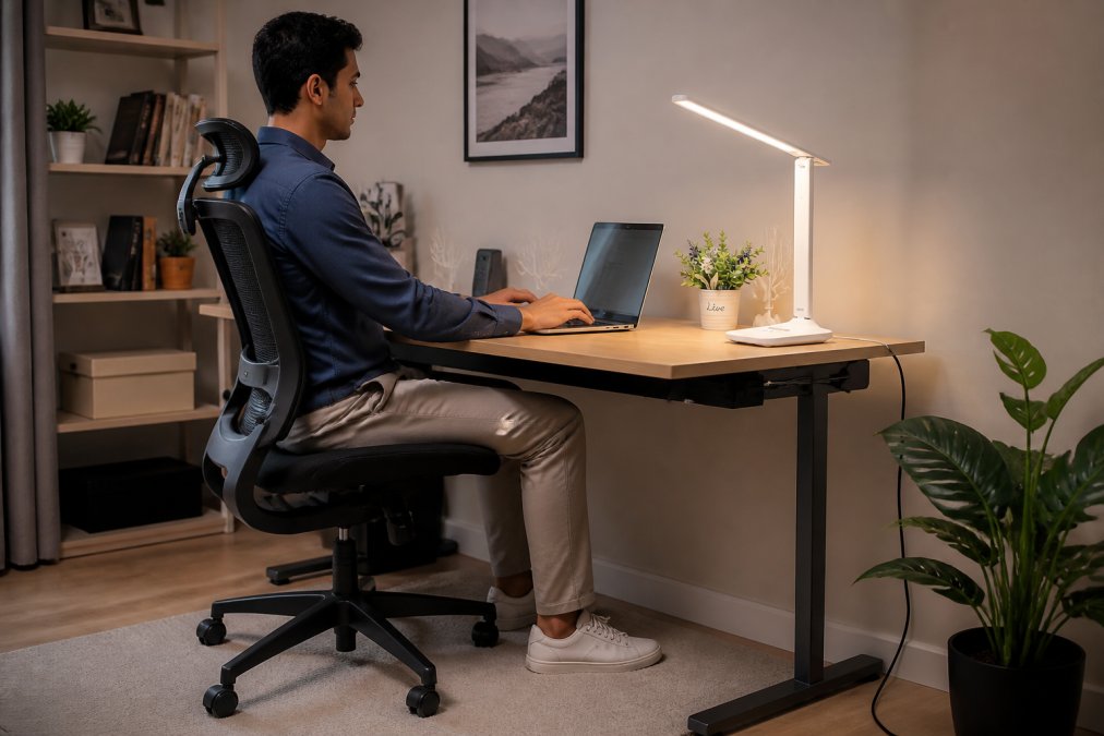 A person sitting at a properly adjusted ergonomic desk setup, feet flat on the floor, monitor at eye level, task lamp illuminated on the right side, with cables neatly routed along the desk edge