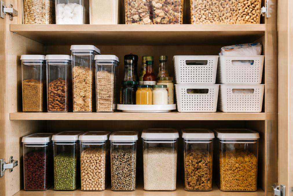 Well-organized kitchen pantry with clear OXO containers, labeled glass jars, and neatly stacked food storage bins on wooden shelves with natural morning light