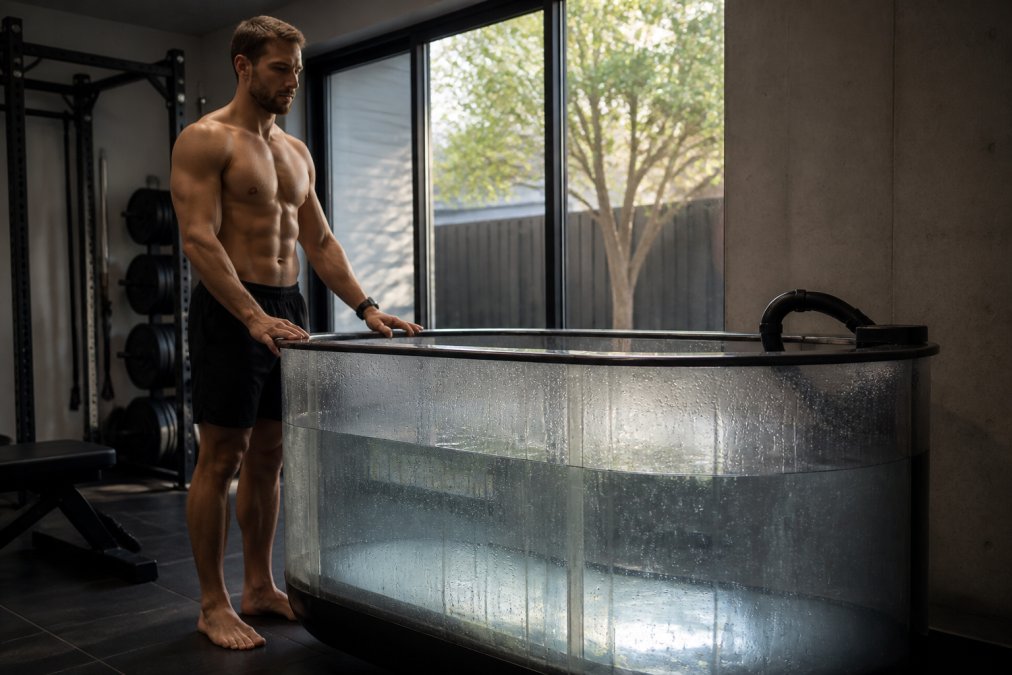 Athlete standing next to a sleek acrylic cold plunge tub as home recovery equipment in a modern gym.