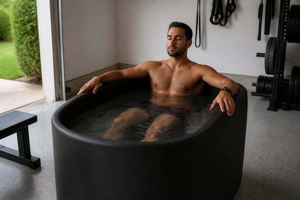 An athlete in athletic shorts sitting inside a modern cold plunge tub in a clean home garage, water at chest level, holding the edges with a calm expression