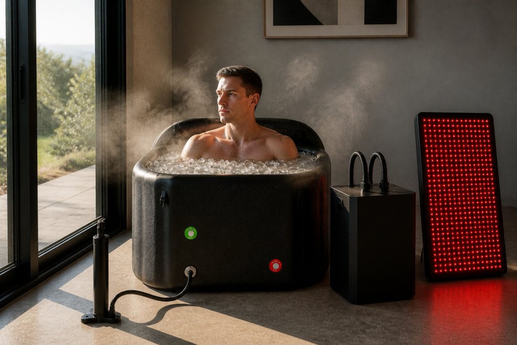 Athlete in athletic wear sitting in a portable ice bath tub at home with focused expression, steam visible in cool morning light, demonstrating full-body cold water immersion during recovery