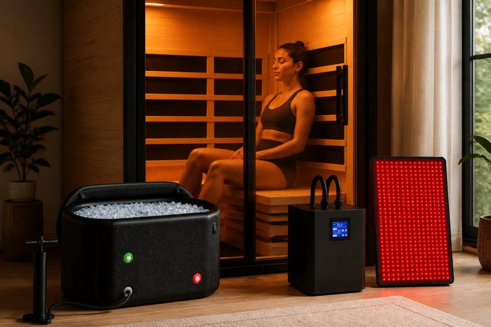 Person relaxing inside a wooden infrared sauna with warm amber lighting, visible through transparent panel, showing peaceful expression and therapeutic environment