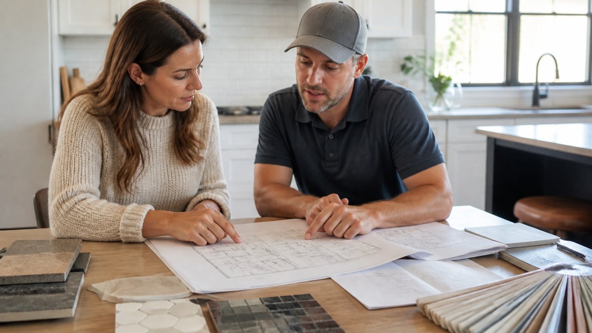 Infographic flowchart showing steps to hire a home remodeling contractor while reviewing kitchen plans