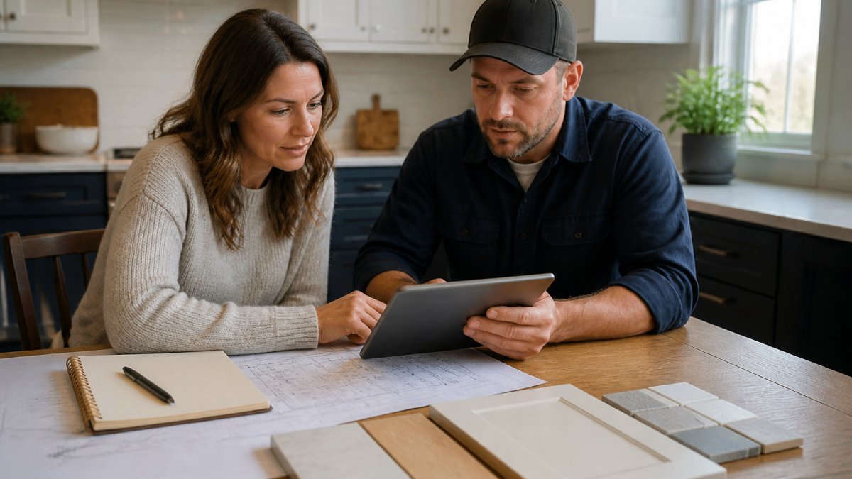 A homeowner and contractor reviewing renovation plans on a tablet at a kitchen table with material samples and a notebook nearby
