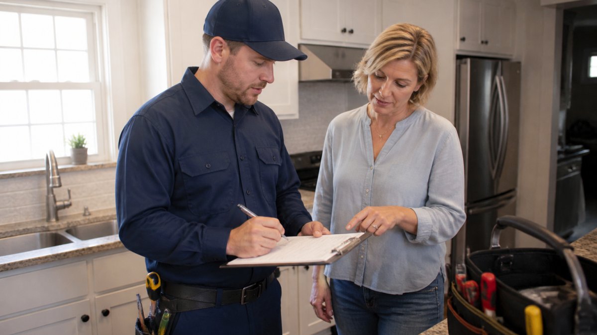 Homeowner speaking with technician in kitchen while reviewing service paperwork and discussing repair options on clipboard