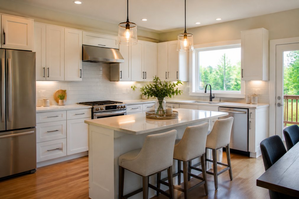 Infographic showing high ROI home repairs for selling with a staged kitchen and key improvement data.