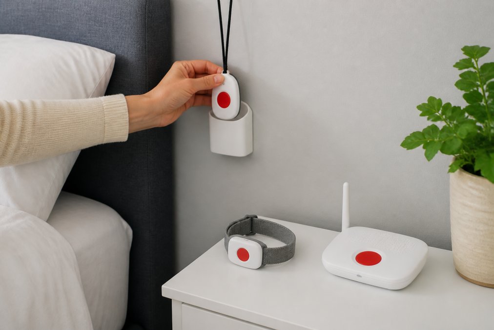 A caregiver's hand placing a wireless call button with lanyard onto a bedside wall cradle in a bright, calm bedroom