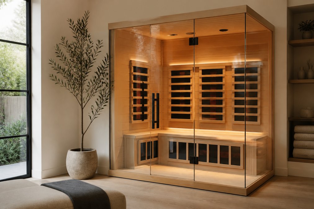 A modern indoor infrared sauna with panoramic tempered glass and Canadian hemlock wood, set in a bright home wellness room with soft lighting