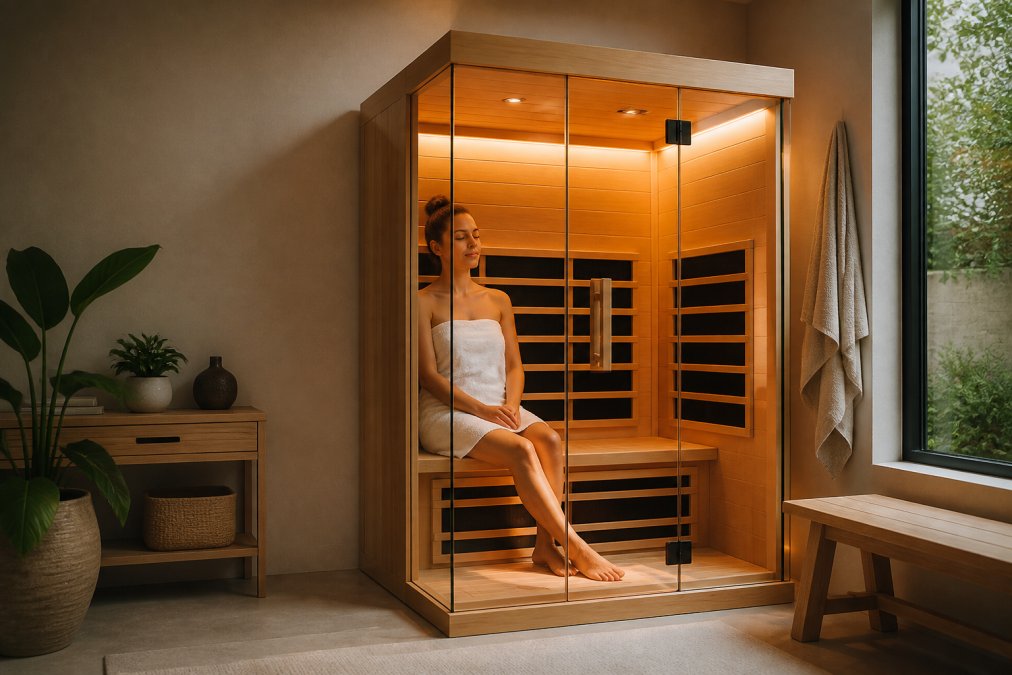 Relaxed person sitting inside a modern home sauna with warm wood interior and soft chromotherapy lighting