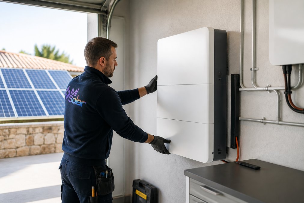 A solar installer in work clothes and safety gloves mounting a wall-mounted home battery unit in a bright garage, with solar panels visible through the open door behind
