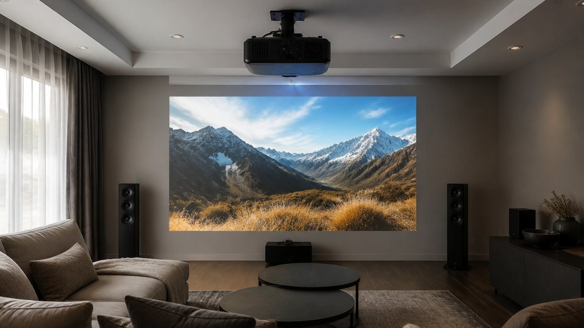 Modern living room with a ceiling-mounted projector displaying a bright, sharp image on a white wall, comfortable seating arranged in the foreground, and wireless speakers positioned in corners