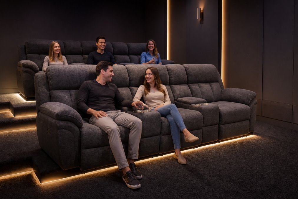 Sophisticated home theater room with tiered rows of premium power reclining seats in charcoal leather, warm LED ambient lighting beneath each seat, and a large wall-mounted screen in a dark, acoustically treated space