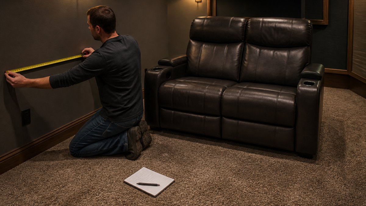 Person measuring a wall in a media room before installing a compact two-seat reclining loveseat.