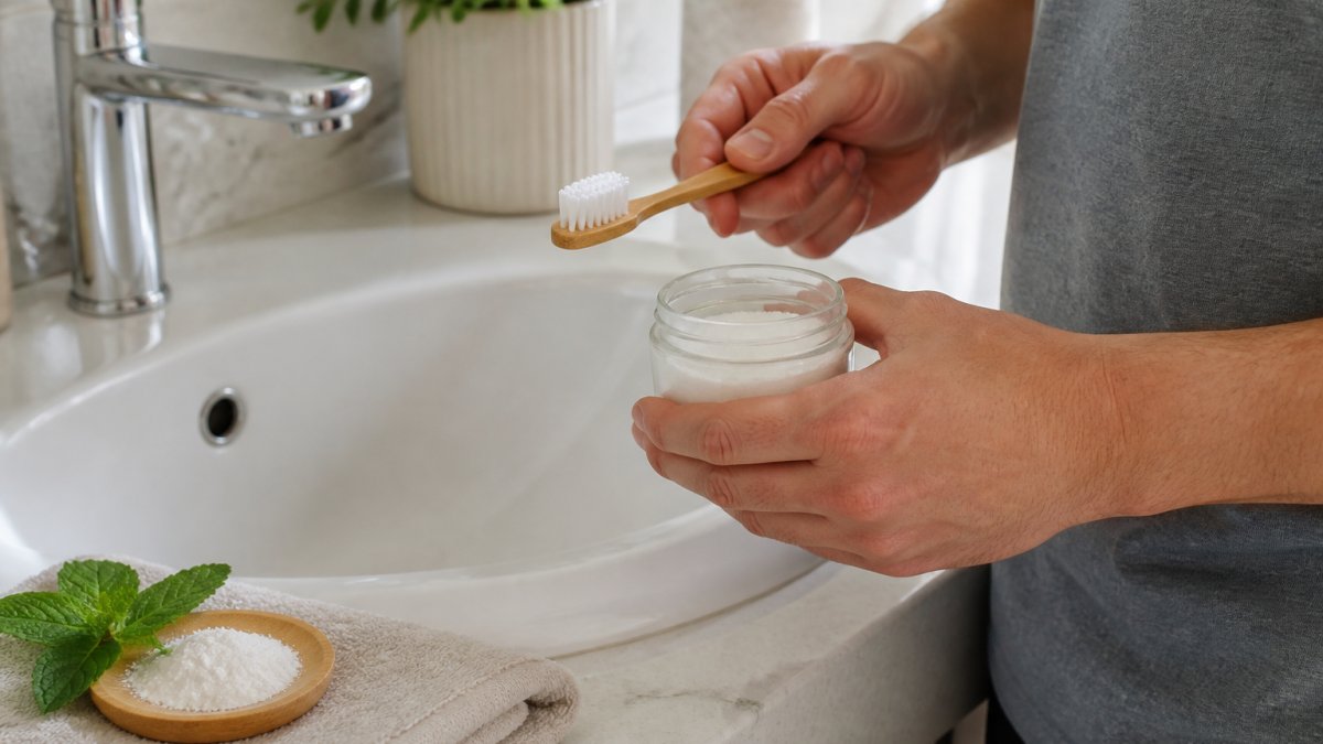 Adult holding a soft-bristled toothbrush and tooth powder by a sink