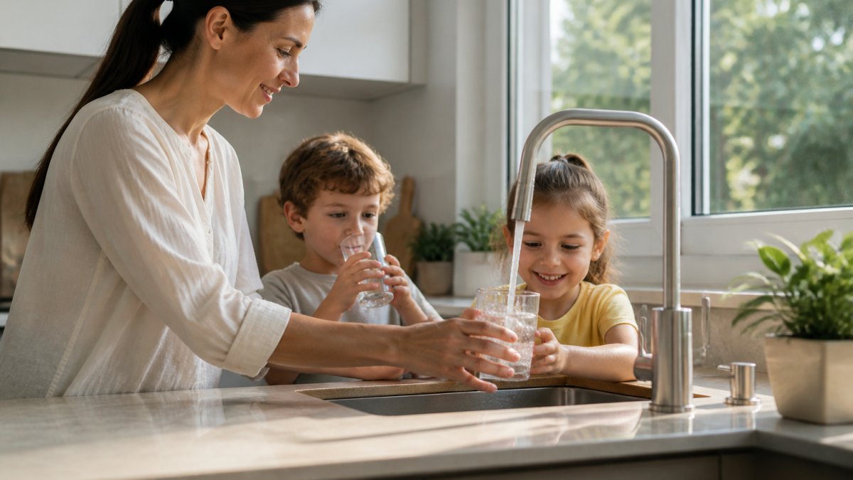 Family filling glasses with fresh, clean water from a modern kitchen faucet, with natural morning light streaming through the window