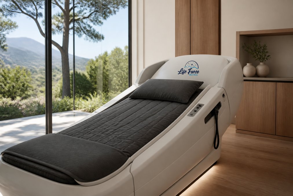A sleek, modern MedBed wellness system installed in a bright, upscale home room, showing the integrated control console and comfortable padded patient surface with warm natural light through large windows