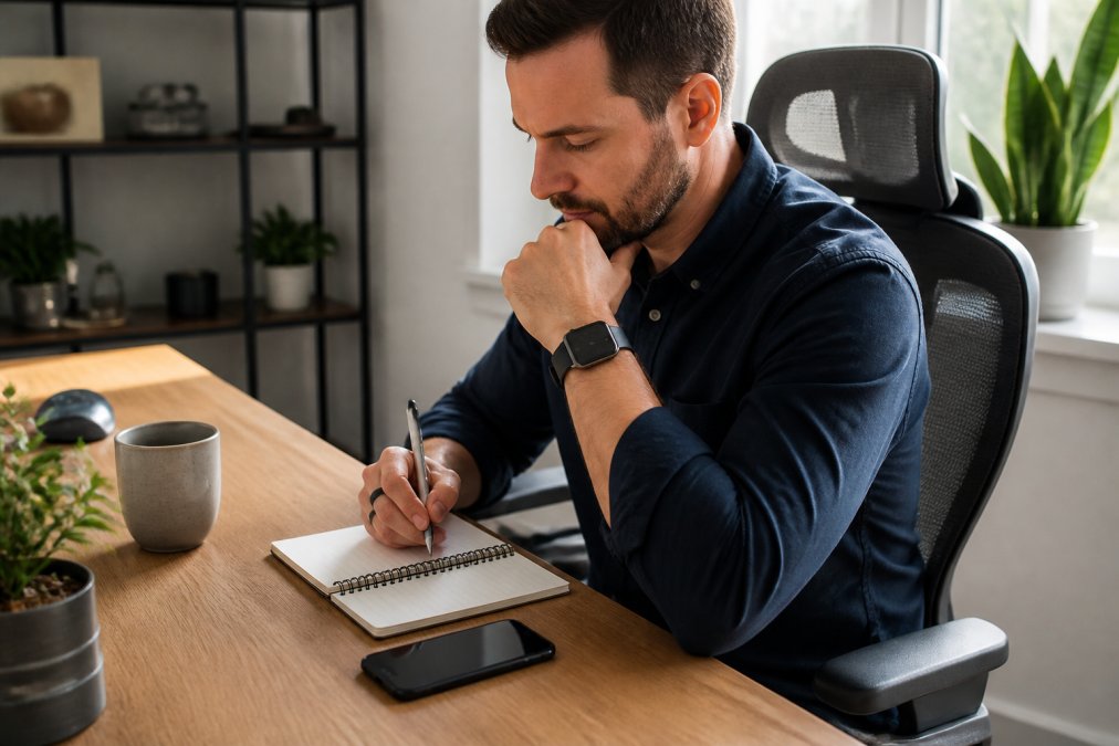 Professional working at ergonomic home desk wearing smartwatch and health ring tracker, with proper posture and natural window lighting illuminating the workspace