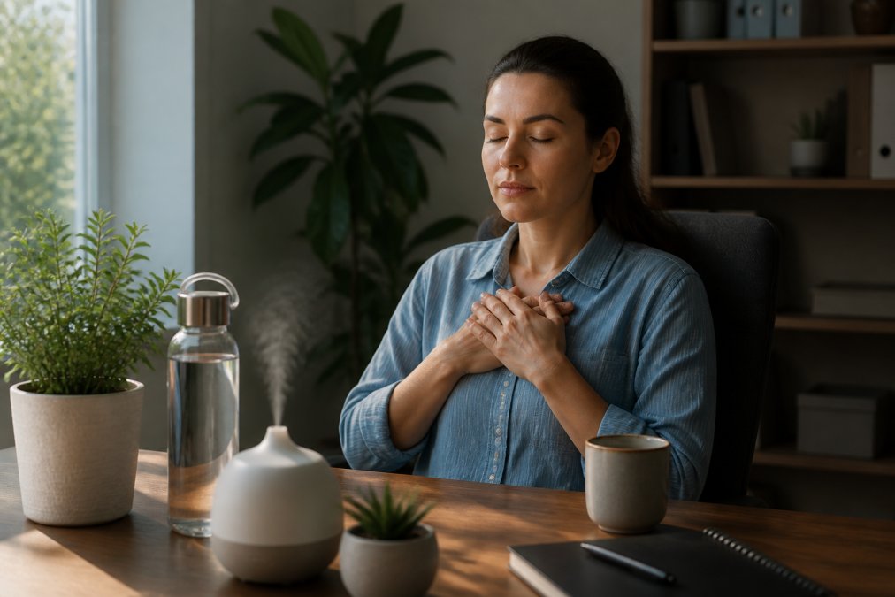 Busy professional using meditation app on phone during short work break, with water bottle and essential oil diffuser visible on home office desk, natural afternoon light