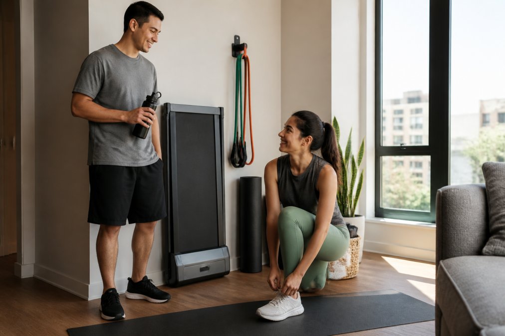 Compact home workout equipment including a folded treadmill, resistance bands, and yoga mat in a sunlit apartment.
