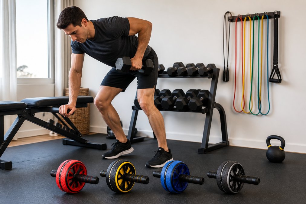 Person performing dumbbell exercises in a bright home gym space with adjustable weights on a stand, kettlebell nearby, and resistance bands hanging on the wall