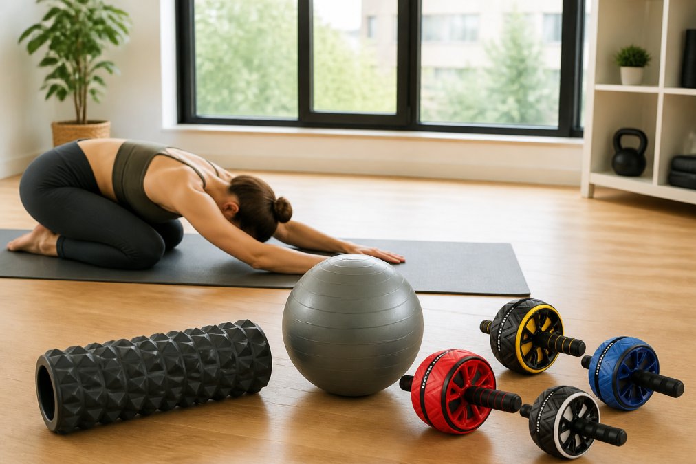 Yoga mat with balance ball and foam roller arranged in a bright, minimalist home space with natural light from a window, person in stretching pose on the mat