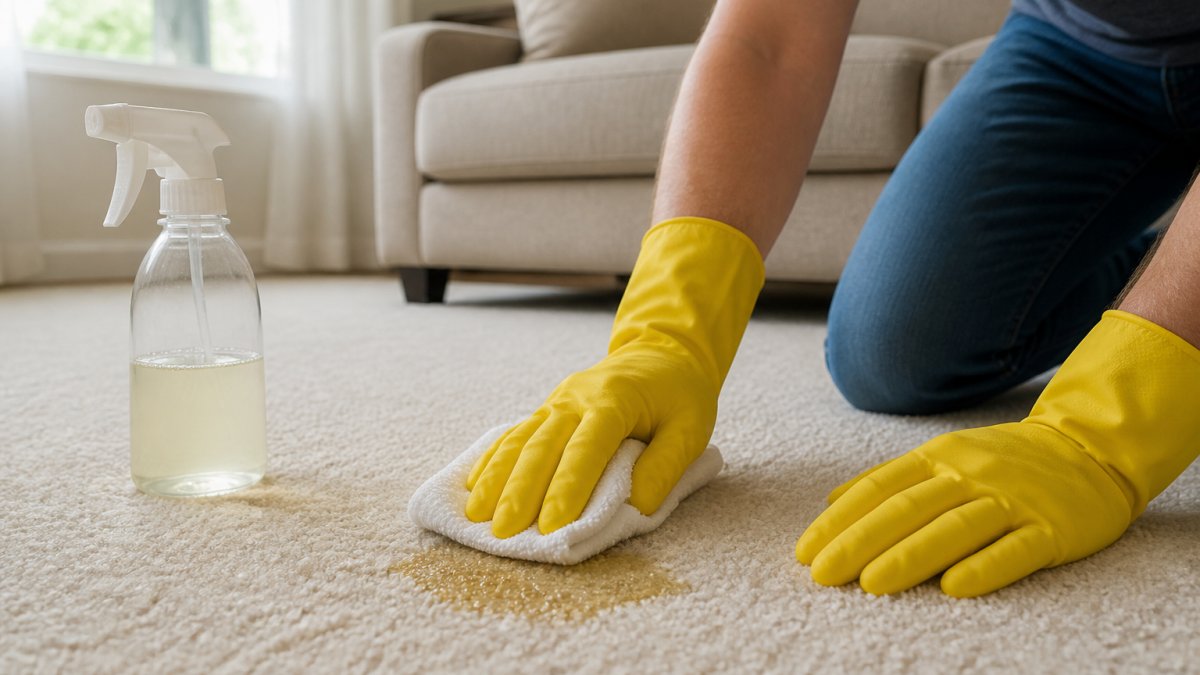 A person wearing yellow rubber gloves blotting a fresh pet urine stain on a light-colored carpet with a white cloth, a spray bottle of homemade solution sitting nearby on the floor, soft daylight from a window