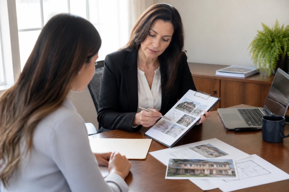Insurance agent reviewing homeowner's property details and risk assessment documents at desk with laptop and clipboard, natural office lighting