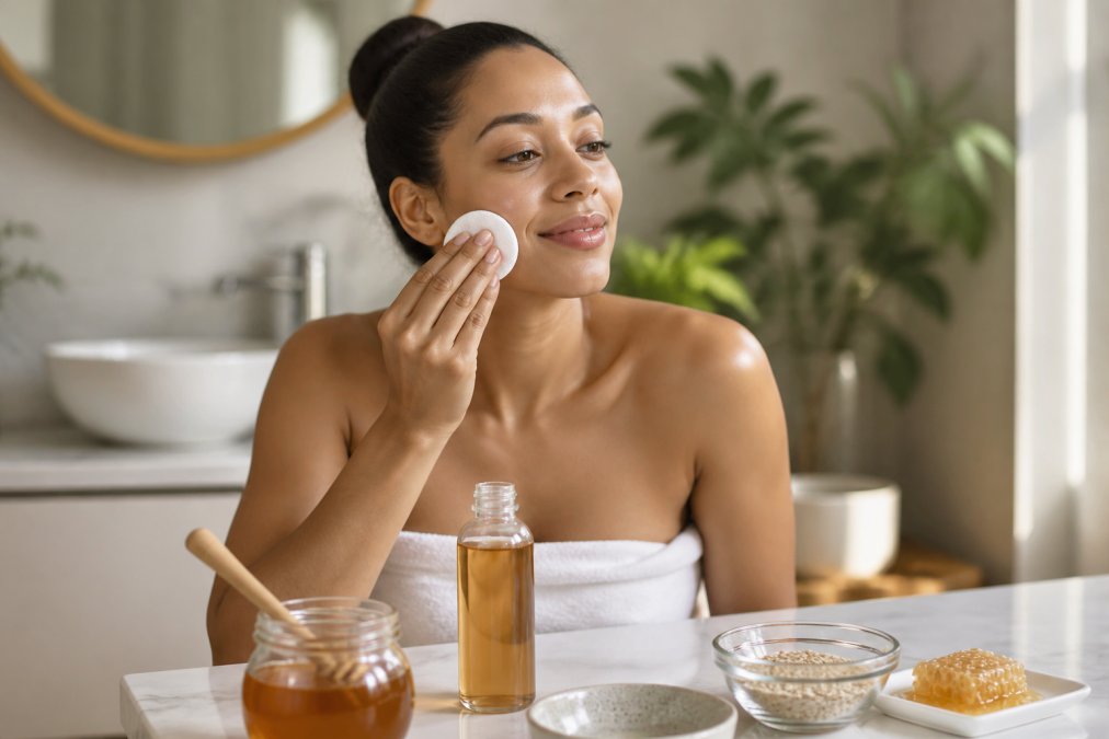 Woman with glowing, clear skin applying honey-based toner to her face with a cotton pad, honey jar and natural ingredients visible on a white marble vanity with soft morning light