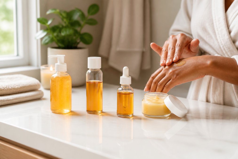 Hands demonstrating skincare application steps with honey-based products lined up in order on a clean white bathroom counter with soft natural window lighting, showing the sequence of cleanse, tone, treat, and moisturize