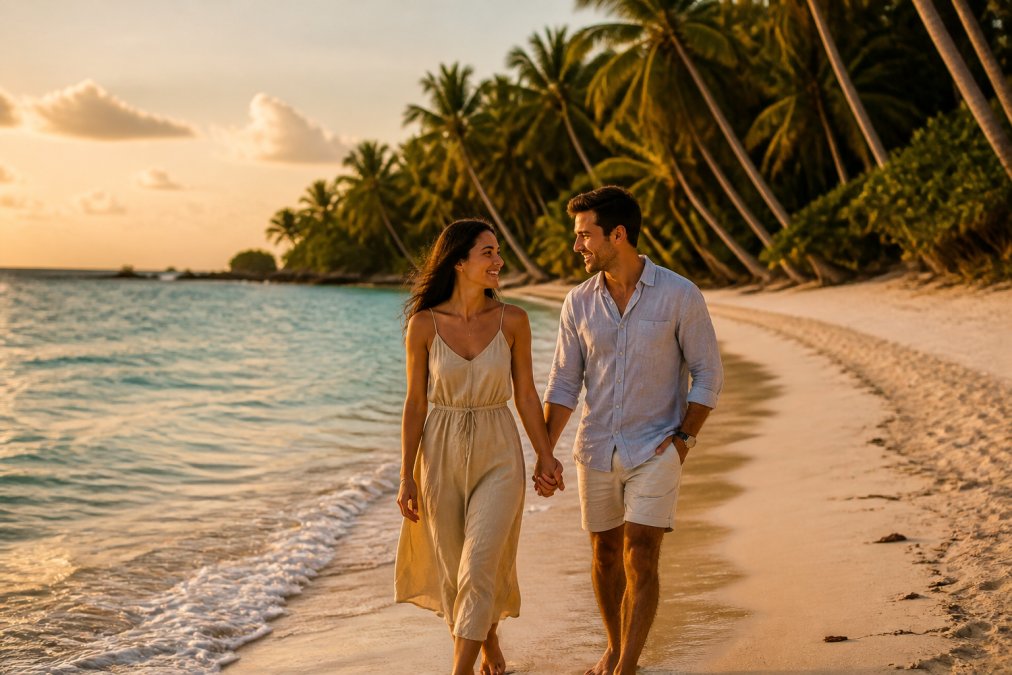 A couple walking hand-in-hand along a tropical beach at golden hour, one of many romantic honeymoon destinations.