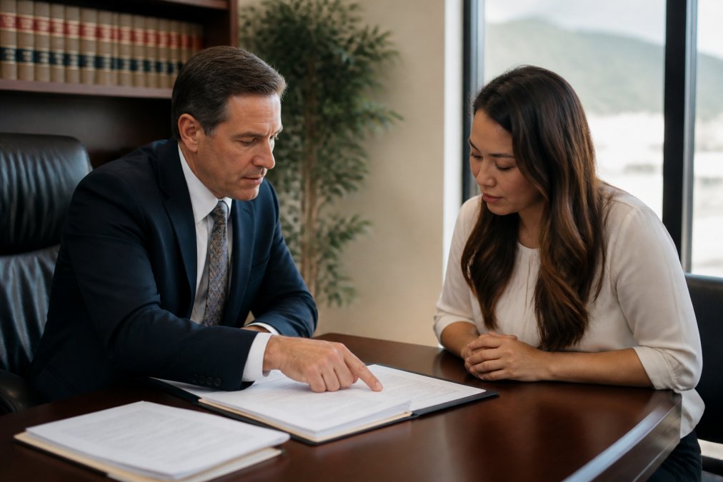 Professional attorney and client meeting in modern law office, attorney pointing to documents on desk while client listens attentively, natural window lighting