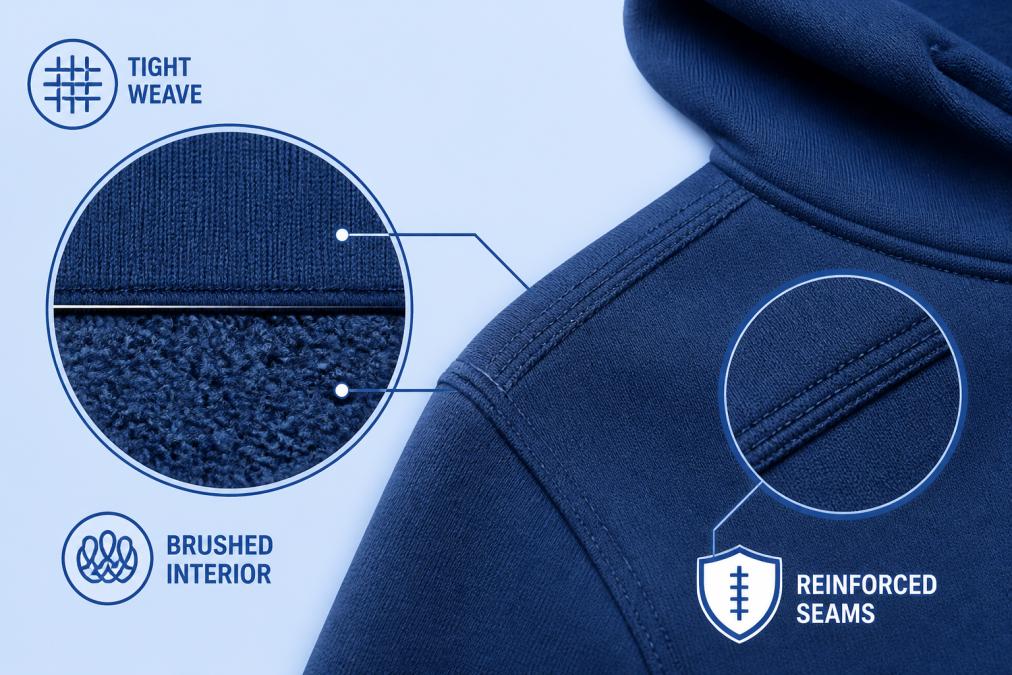 Close-up of heavyweight French terry fabric texture showing brushed interior and tight weave construction, with visible reinforced seam stitching