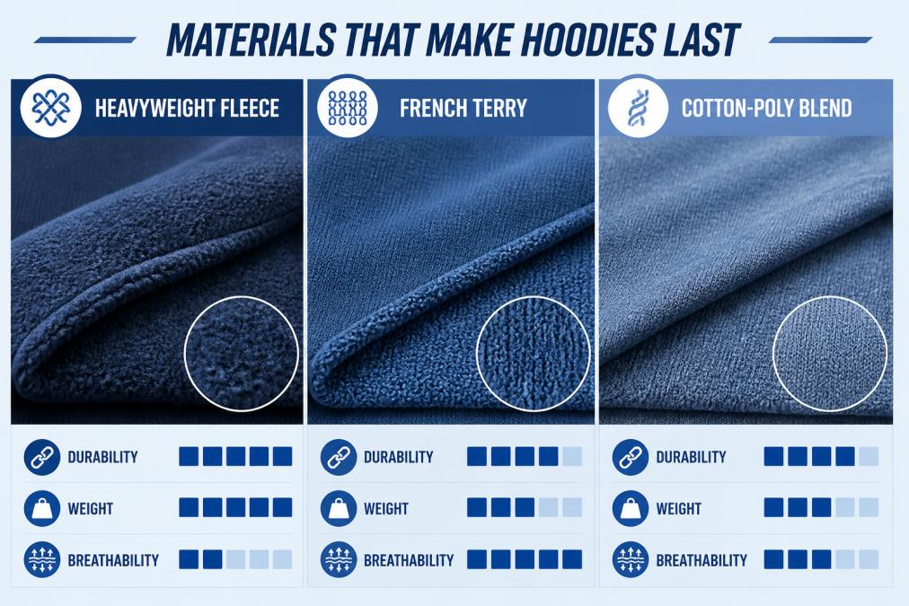 Detailed close-up of different hoodie fabric samples laid flat showing heavyweight fleece texture, French terry weave pattern, and cotton-polyester blend side by side with visible differences in fiber density and surface finish