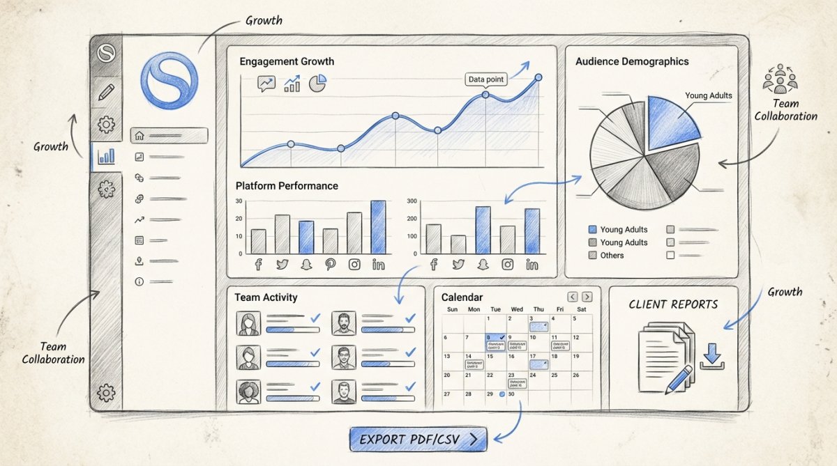 A screenshot of Sendible's dashboard, showing scheduled posts and analytics