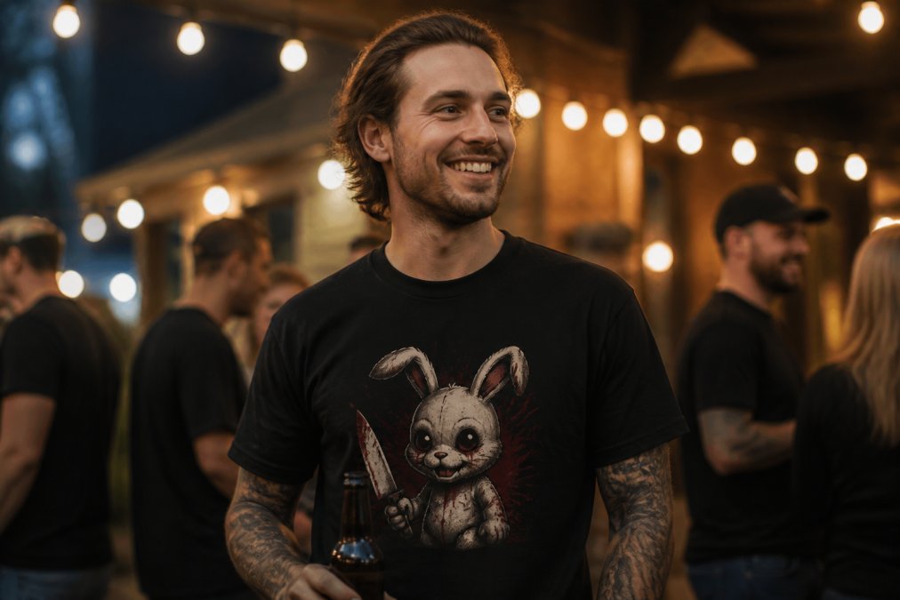 A person in their late 20s wearing a black graphic t-shirt featuring a creepy-cute bunny character with a knife, standing at a casual outdoor evening gathering with warm string lights glowing in the background