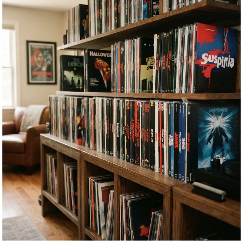 Infographic showing proper storage methods for a horror movie soundtrack vinyl collection on wooden shelving.