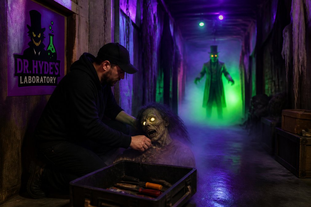 Fog rolls through a dark haunted house hallway with an eerie glowing animatronic figure and dramatic colored lighting.